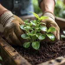 Person wearing gardening gloves planting a small green seedling in rich soil inside a wooden planter box.