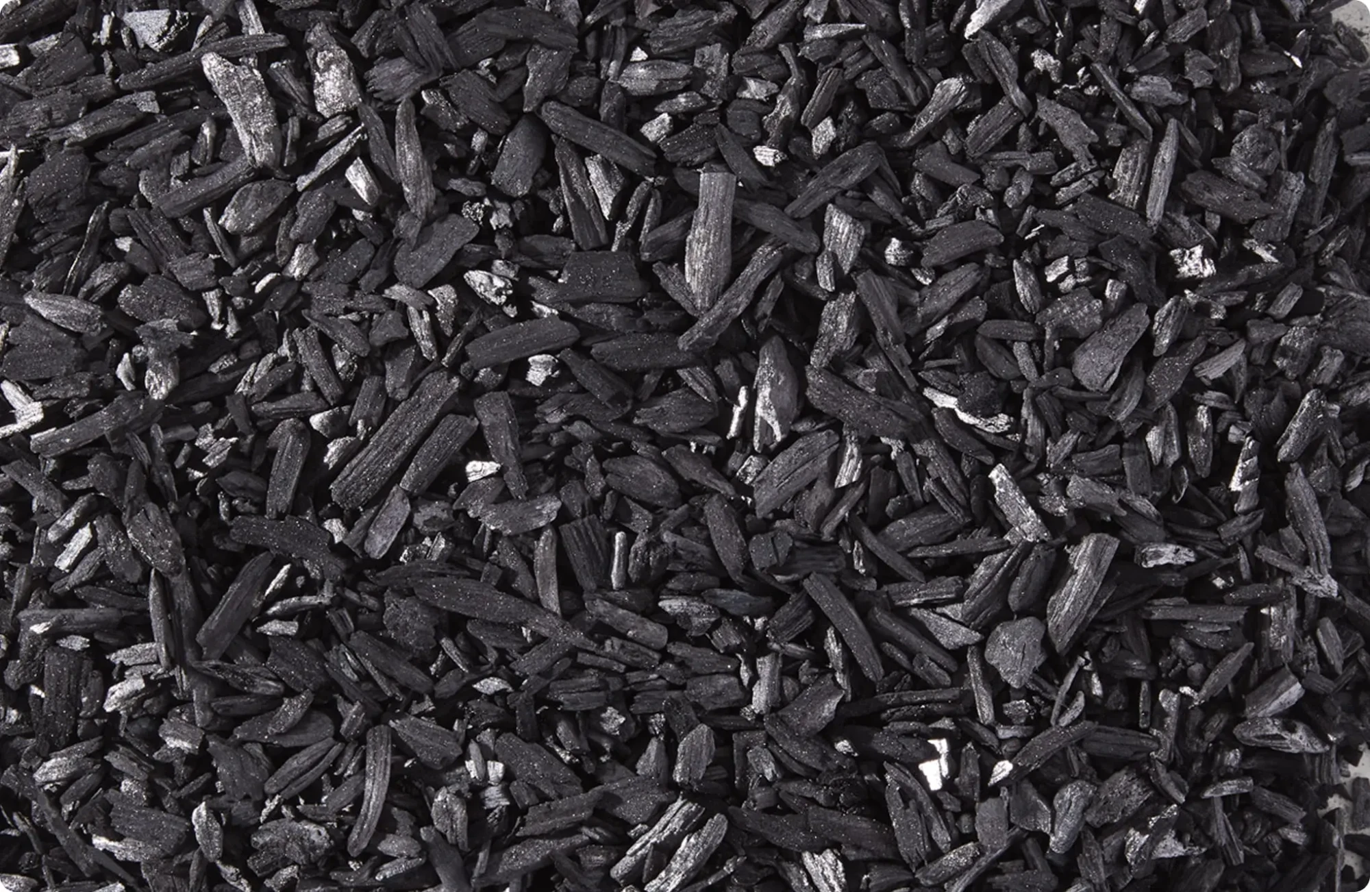 Close-up of Black Bear biochar mulch: dark, irregular wood charcoal pieces used for soil amendment and moisture retention