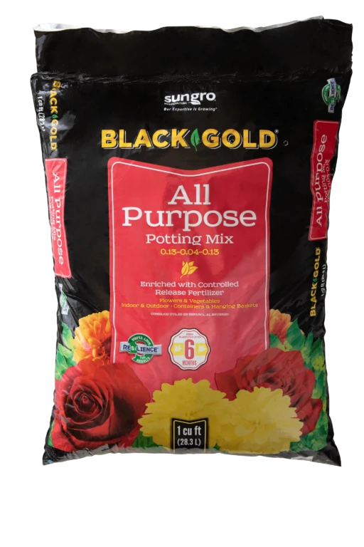 Black Gold All Purpose Potting Mix 1 cu ft bag with red label, flowers pictured and controlled release fertilizer info