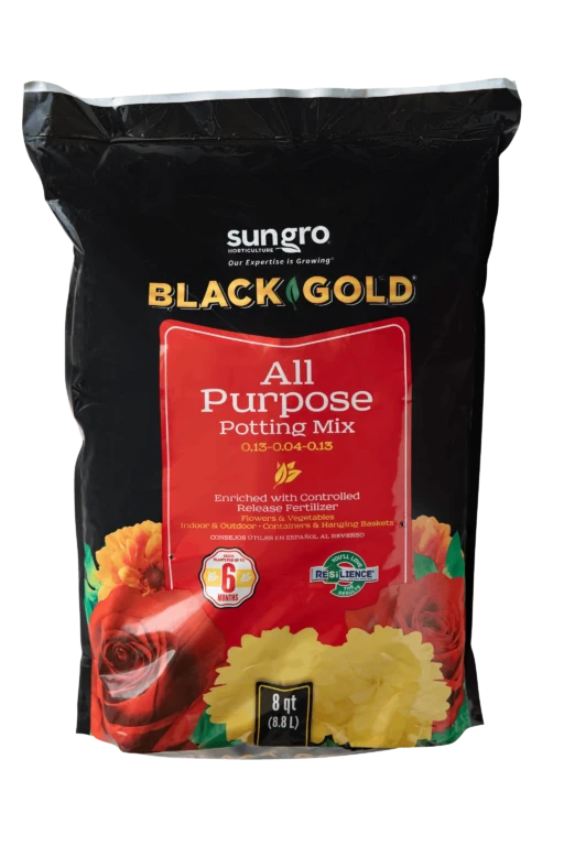 Black Gold All Purpose Potting Mix 8 qt bag with Sun Gro logo, red label and floral graphics for container plants