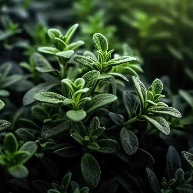 Close-up of dew-kissed green thyme herb leaves in soft sunlight, detailed texture for gardening and culinary use banner