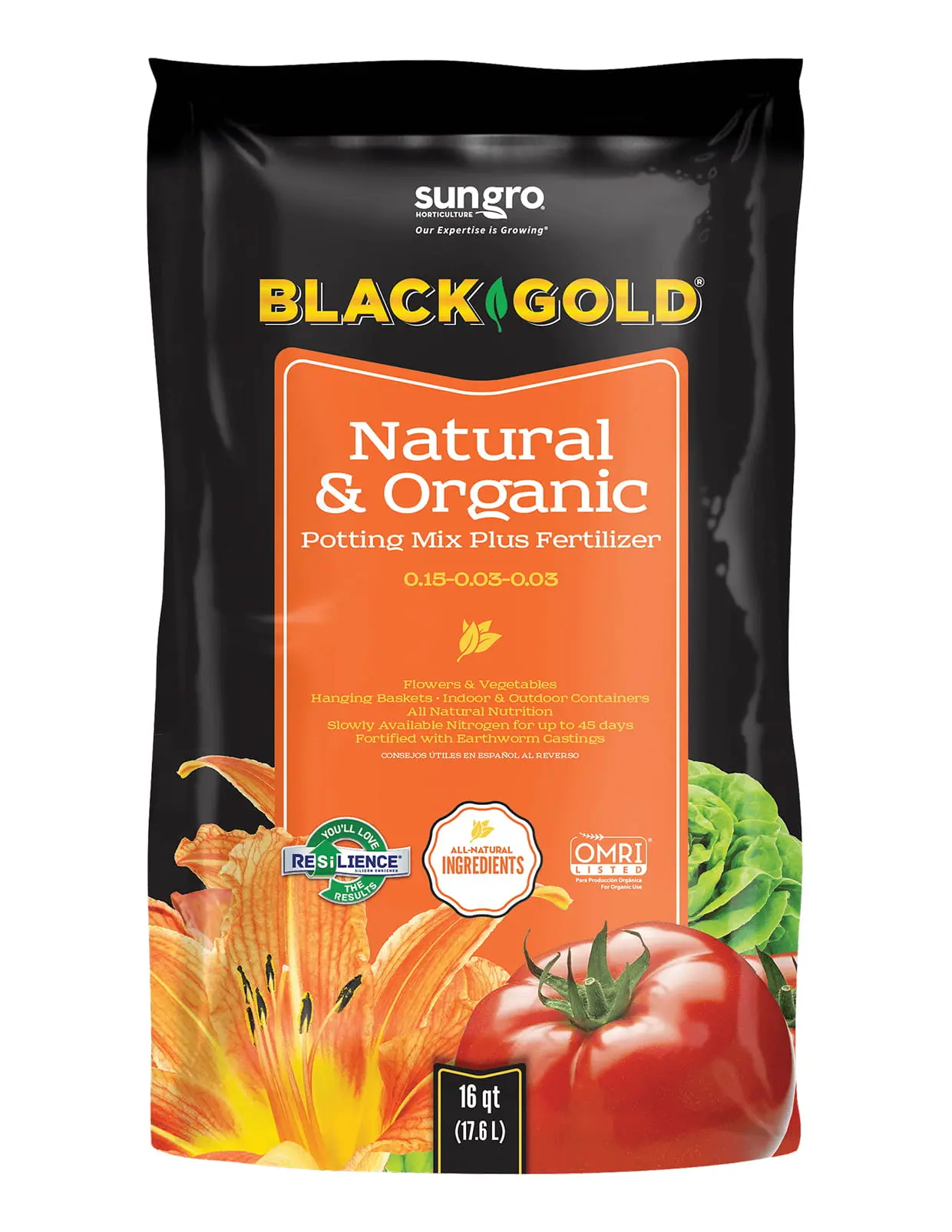 Black Gold Natural & Organic potting mix plus fertilizer 16 qt bag with tomato and lily graphics for container gardening