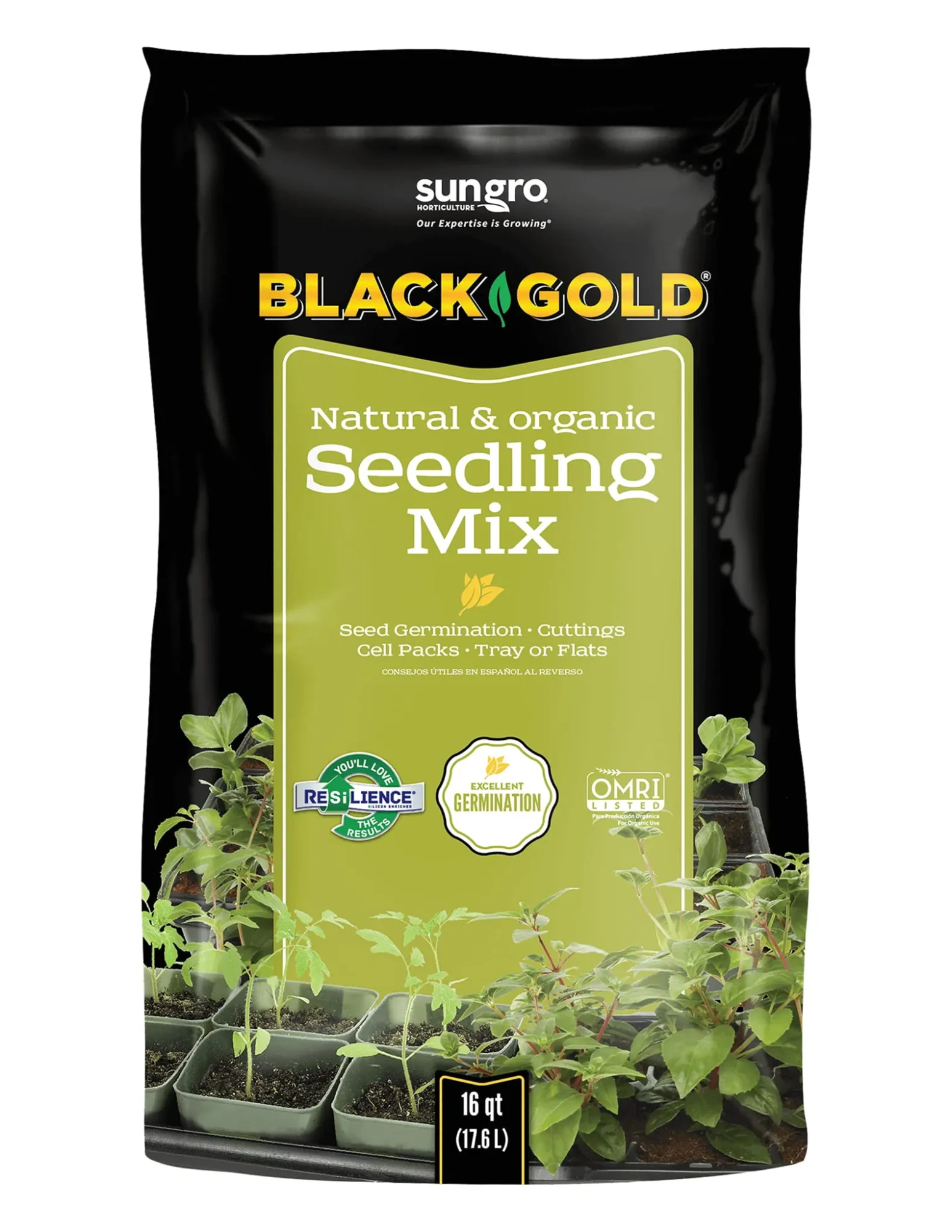 Black Gold Natural & Organic Seedling Mix 16 qt bag with tray of young seedlings for seed germination and cuttings