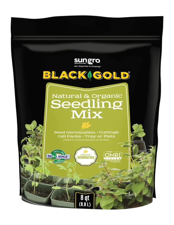 Black Gold Natural & Organic Seedling Mix 8 qt bag front showing seedlings, tray cell pots and OMRI organic seal