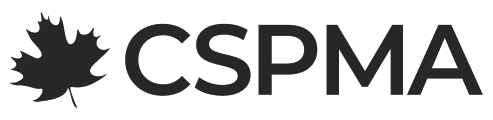Black rectangular banner with small centered white "cspma" logo on transparent background, minimalist brand graphic