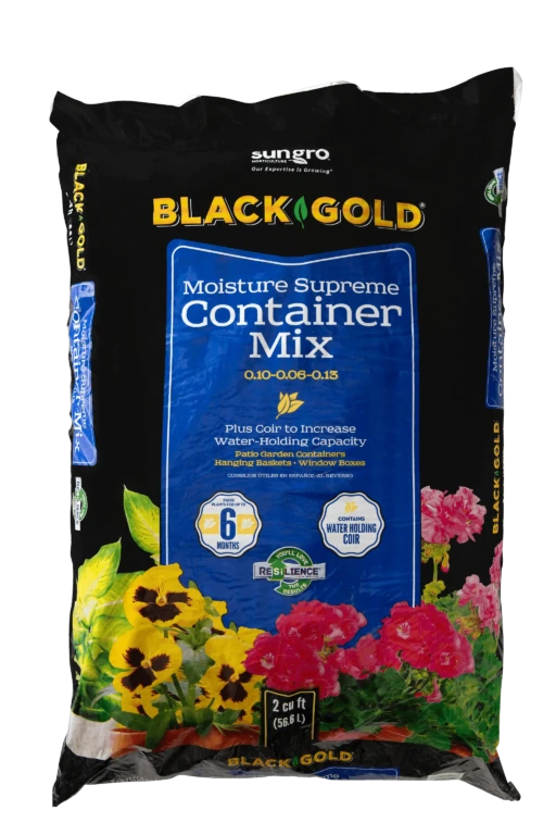 Black Gold Moisture Supreme Container Mix 2 cu ft bag with pansies and geraniums, water‑holding coir for patio containers