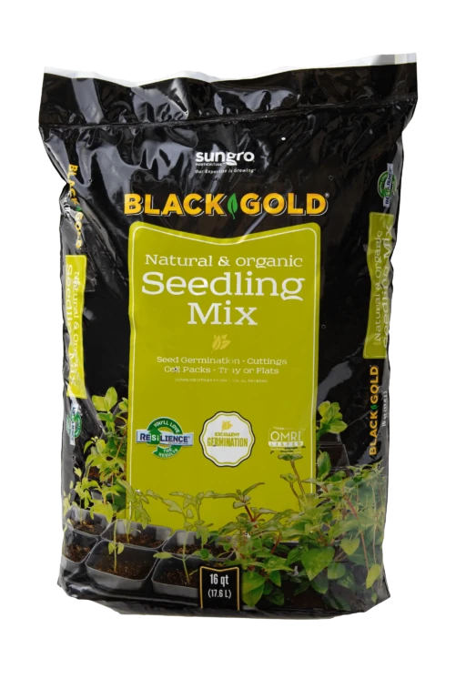 Black Gold Natural & Organic Seedling Mix 16 qt bag showing seedlings, germination badge and OMRI organic certification