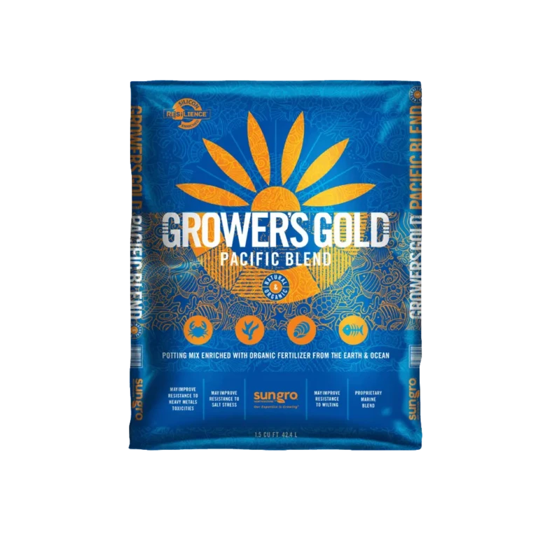 Growers Gold Pacific Blend potting mix bag with sun logo and icons showing organic marine-enriched fertilizer for plants