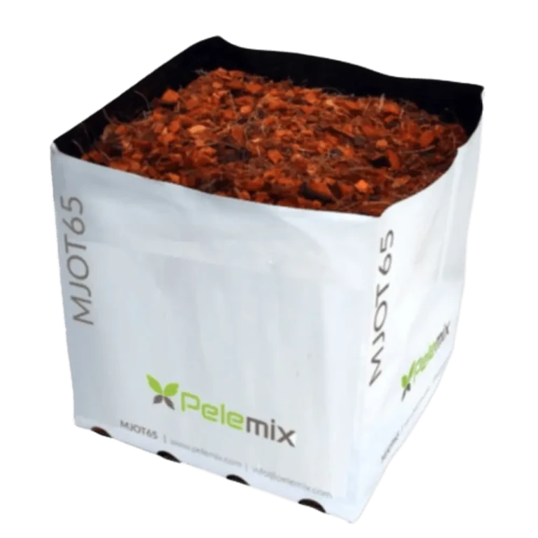 Pelemix open-top grow bag filled with orange coconut coir and bark substrate for container gardening and propagation