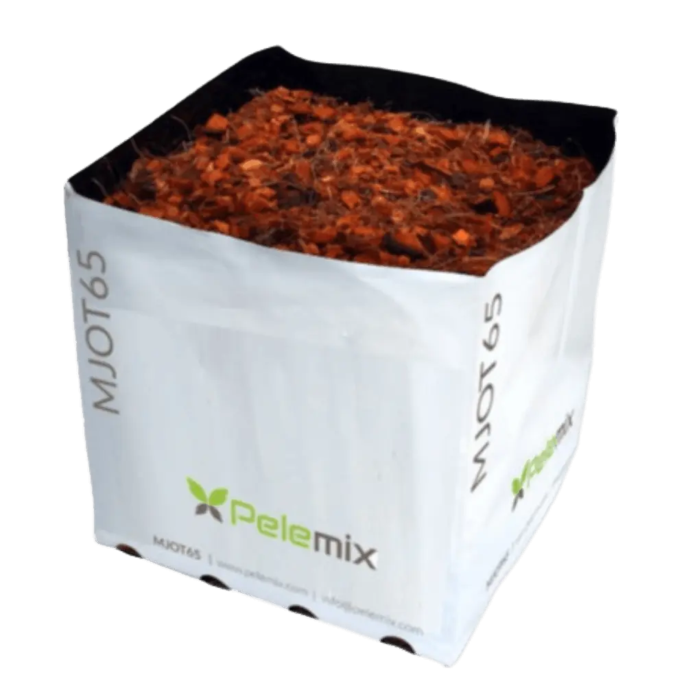 Pelemix open-top grow bag filled with orange coconut coir and bark substrate for container gardening and propagation