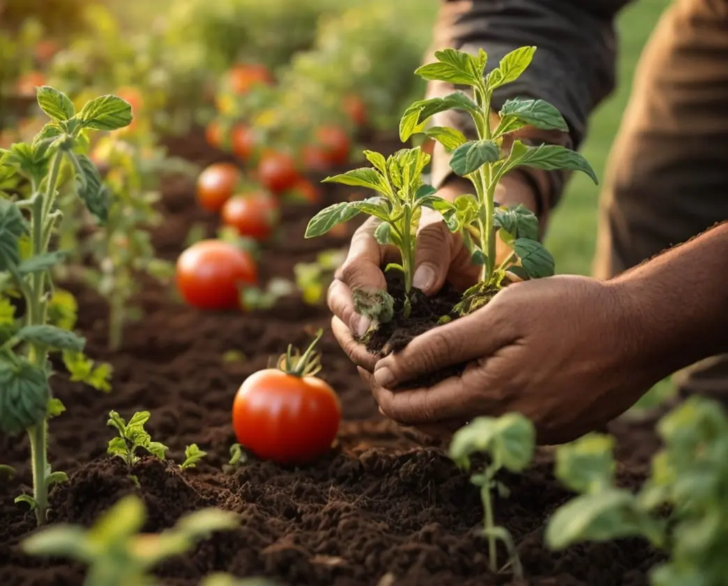 Gardener's hands planting a tomato seedling in dark soil with mature tomato plants in the background.