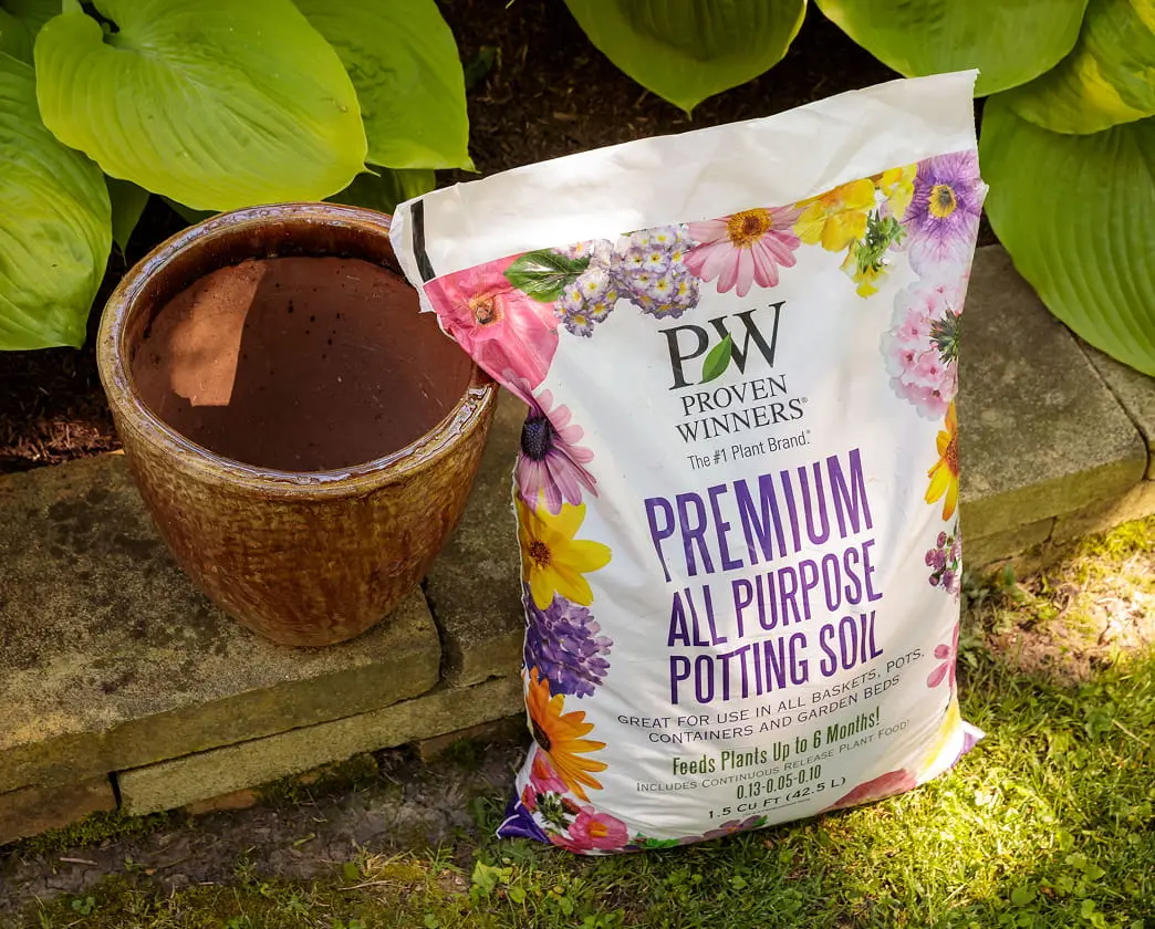 Proven Winners Premium All Purpose Potting Soil bag next to a terracotta pot with green foliage plants.