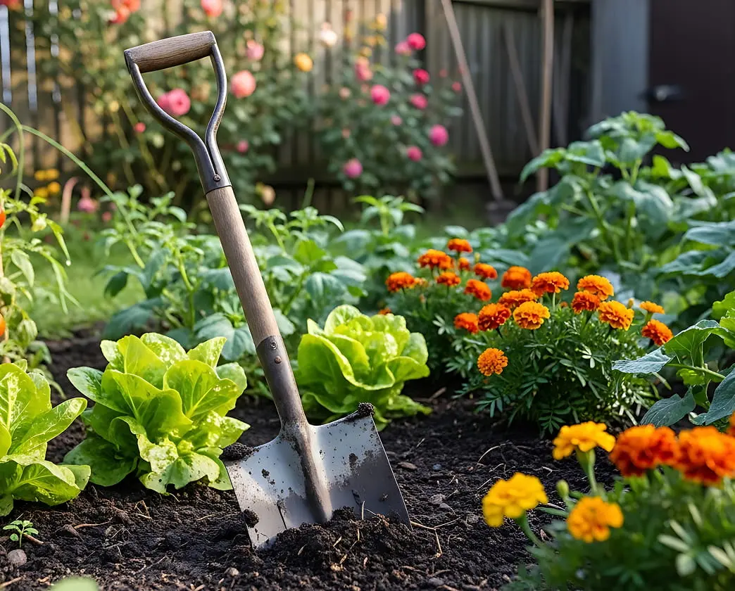 Garden shovel in a flower bed with colorful blooms and green foliage.