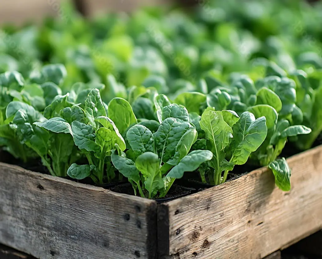Lush green vegetable plants growing in a wooden raised garden bed.