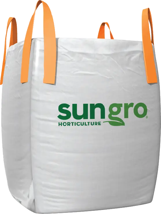 Large white Sun Gro horticulture bulk tote bag with green logo and orange lifting straps for soil and potting mix