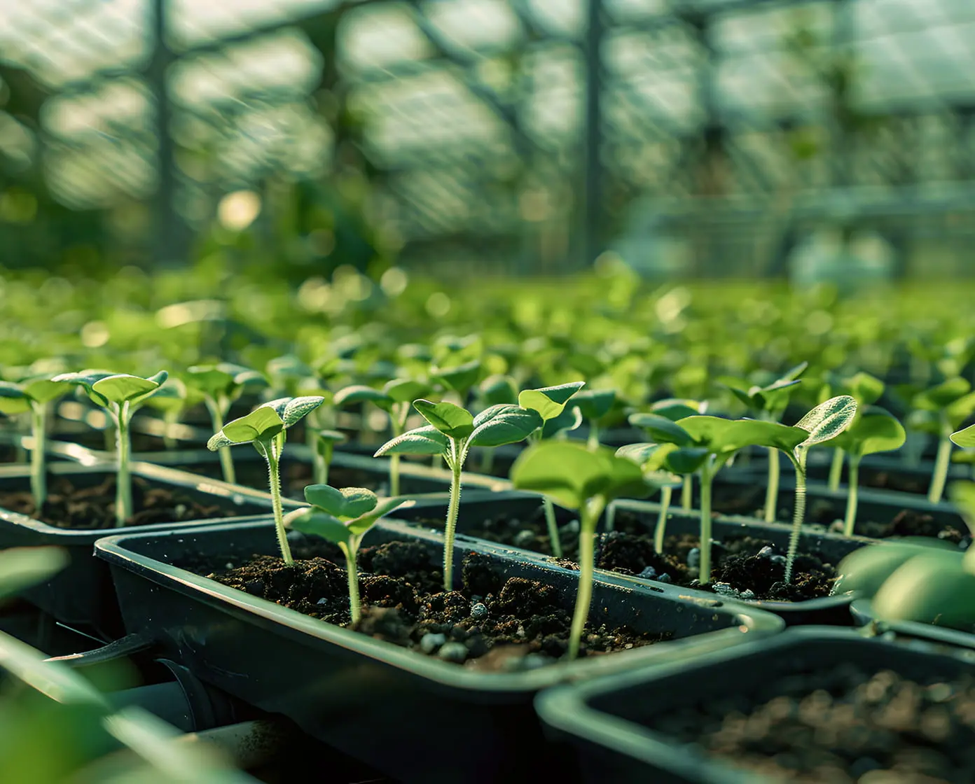 Greenhouse seedling trays with healthy young vegetable seedlings in rich potting soil under filtered sunlight, close-up view